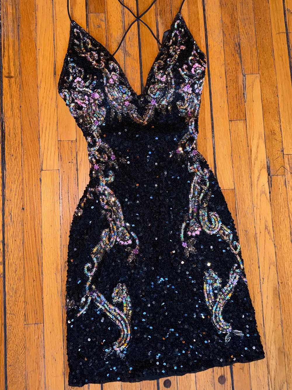 Primavera Couture Black Sequin Mini Dress with Iridescent Embellishment